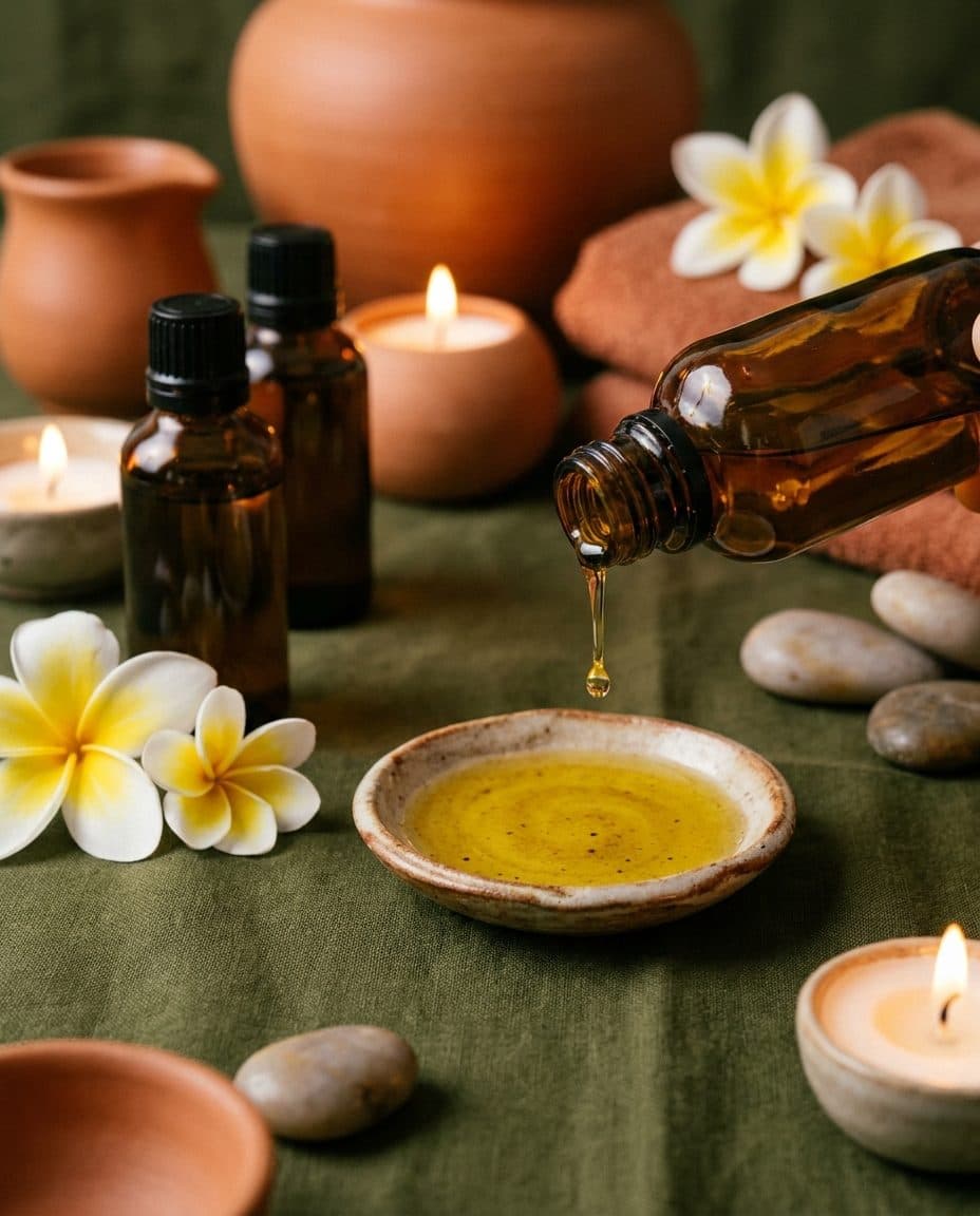 Amberkleurige flesjes massageolie met frangipani bloemen